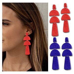 Seed Beaded Long Statement Earrings Geometric Design in Red or Royal Blue NEW